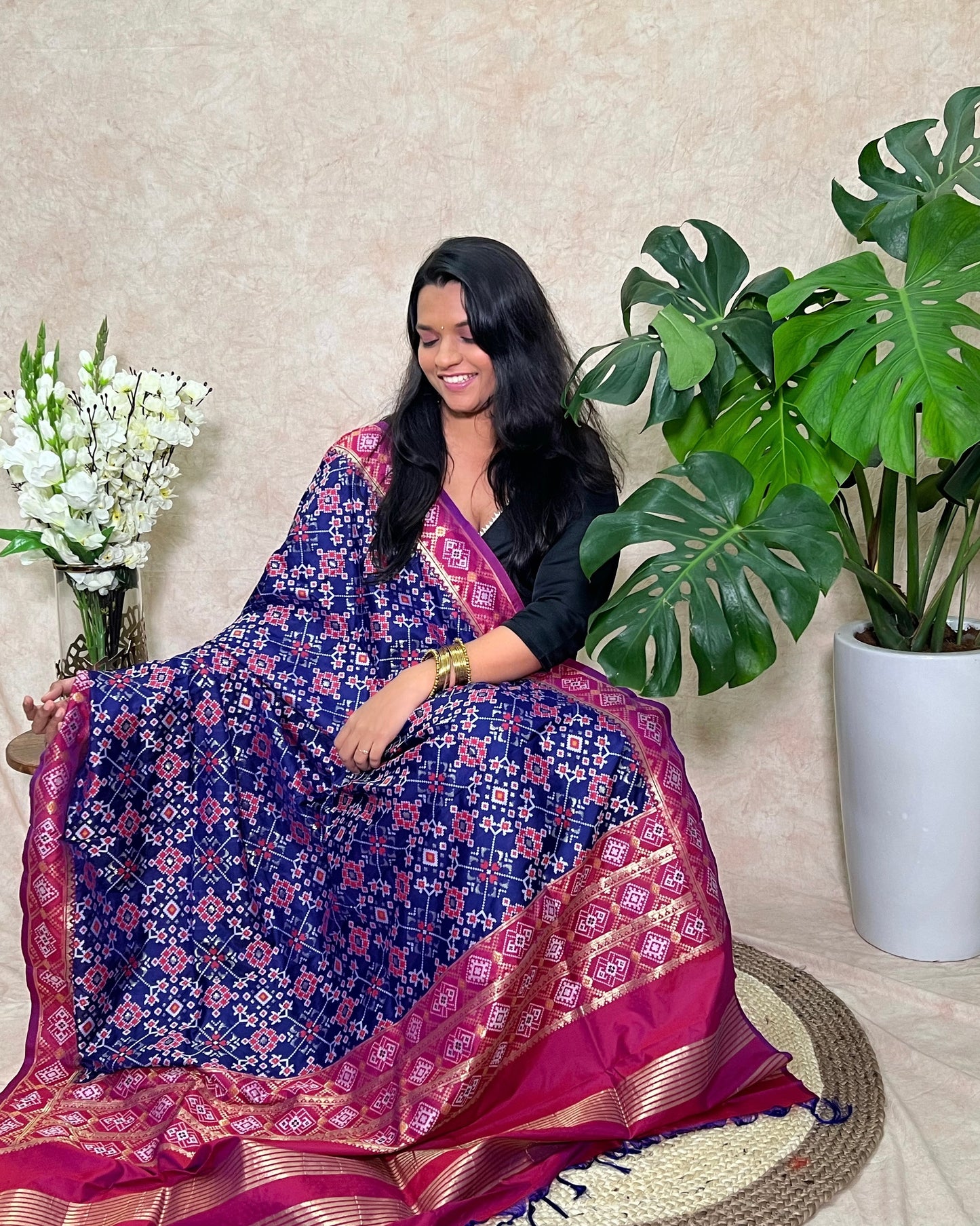Patola Semi Silk Dupatta - Navratna Design - Blue and Magenta
