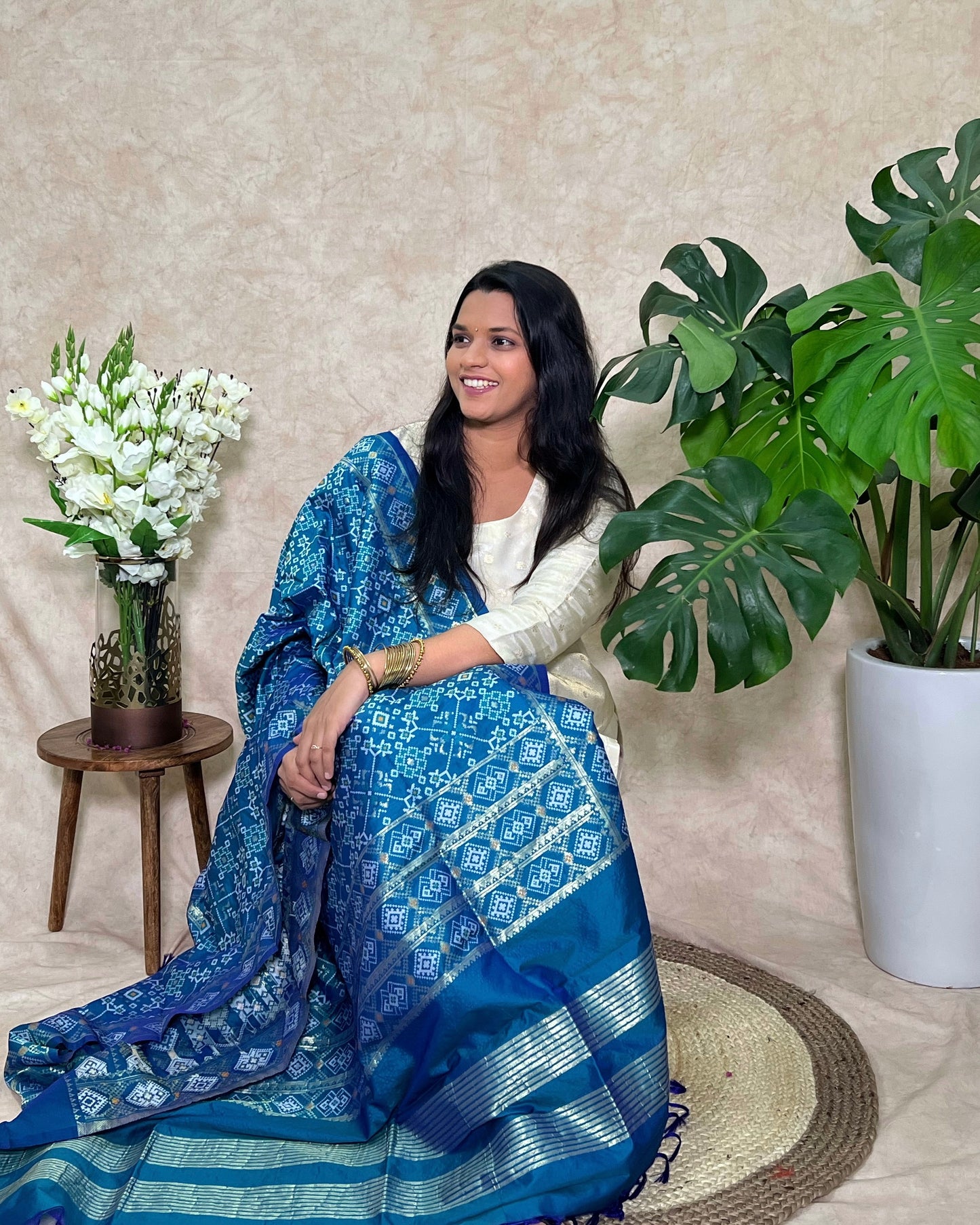 Patola Semi Silk Dupatta - Navratna Design - Firozi