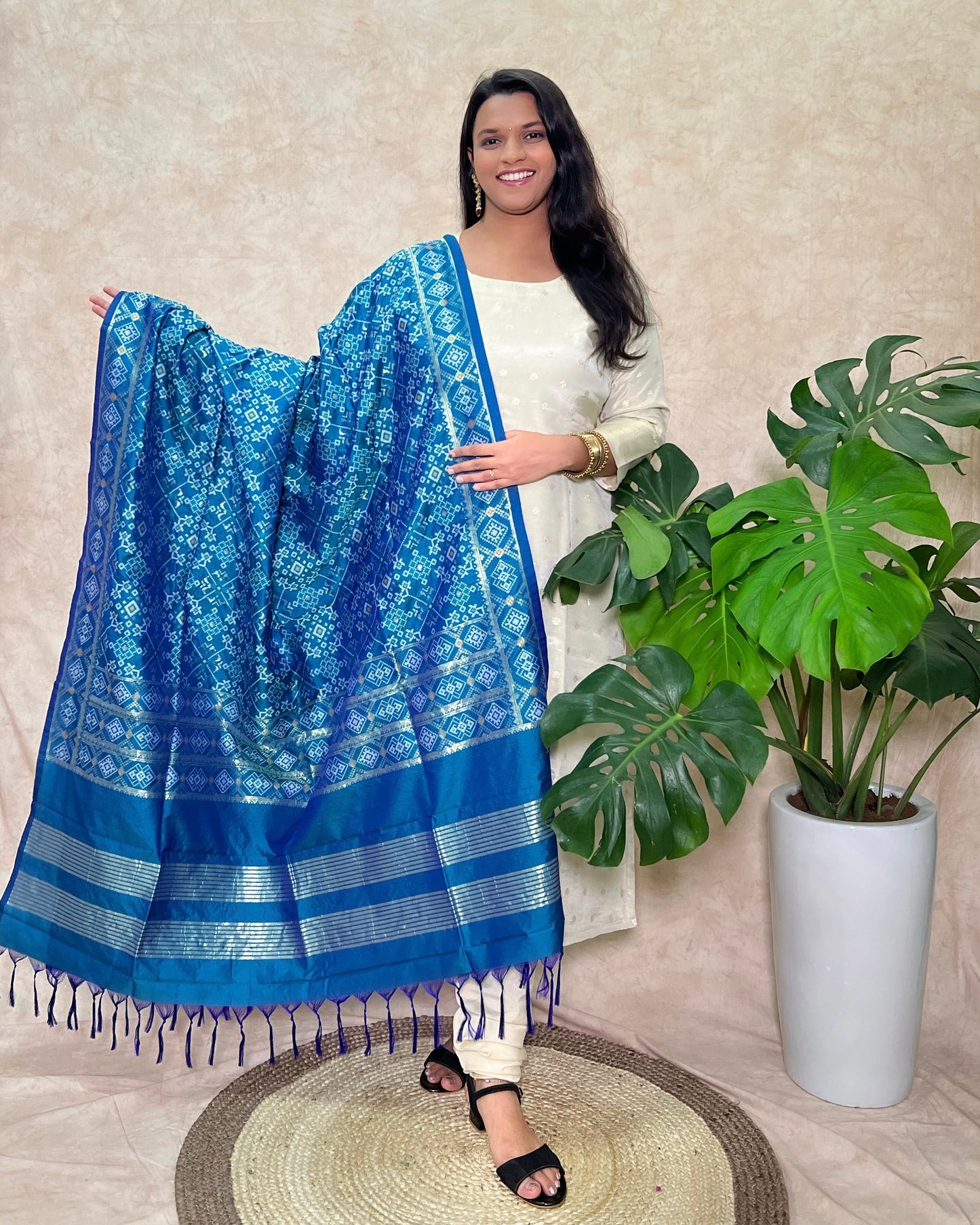 Patola Semi Silk Dupatta - Navratna Design - Firozi
