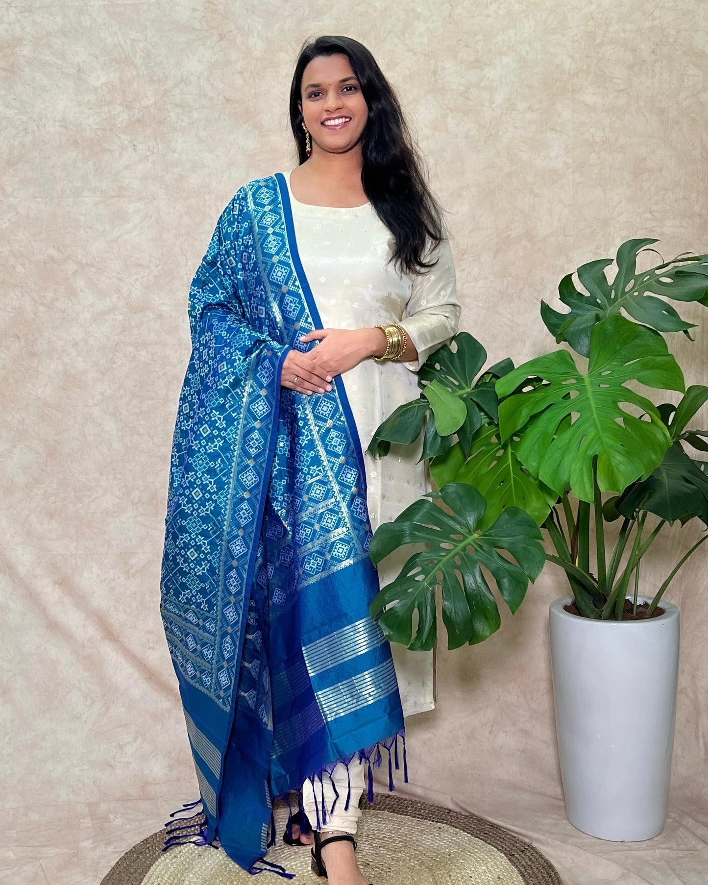 Patola Semi Silk Dupatta - Navratna Design - Firozi