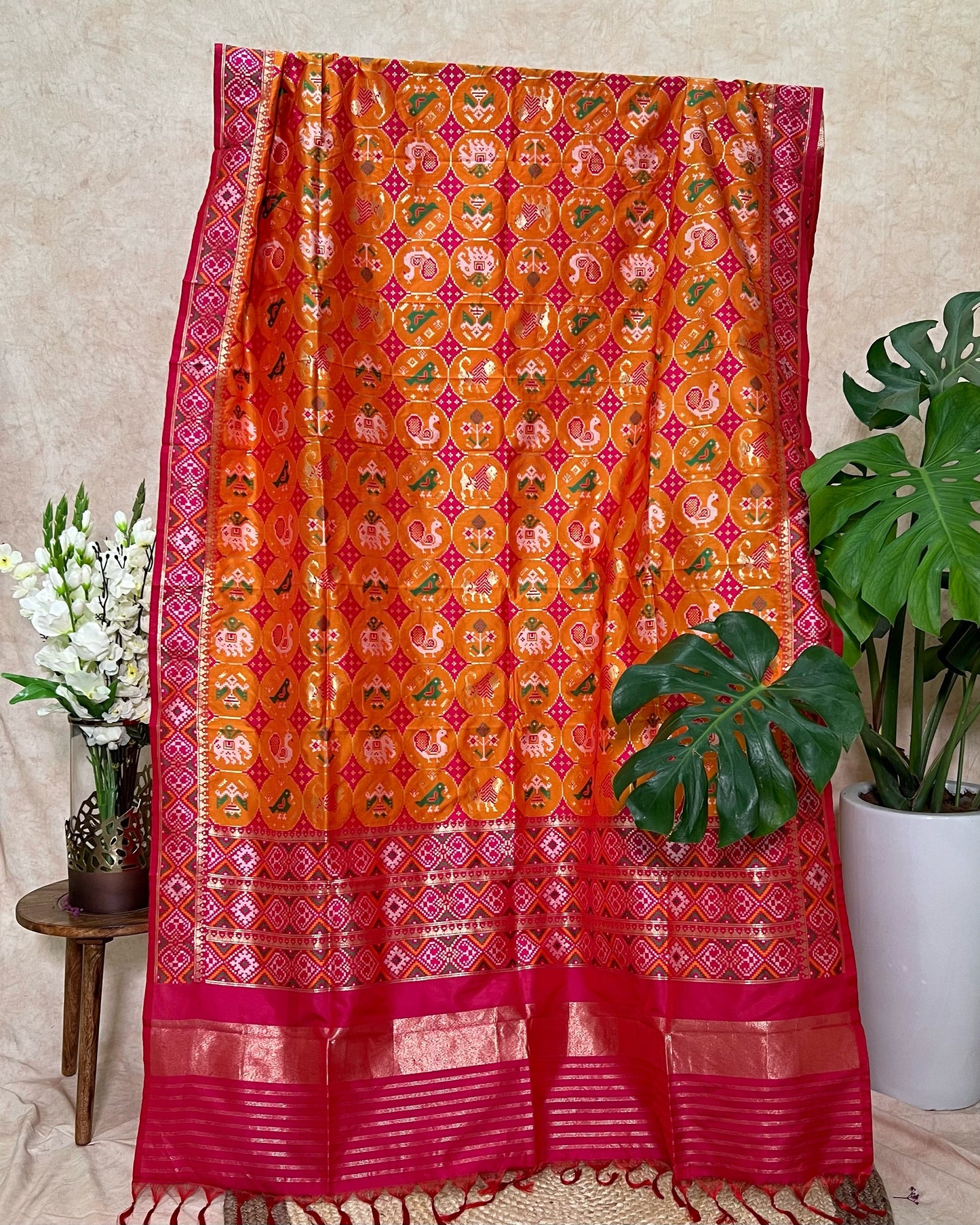 Patola Semi Silk Dupatta - Narikunj Design - Yellow and Pink