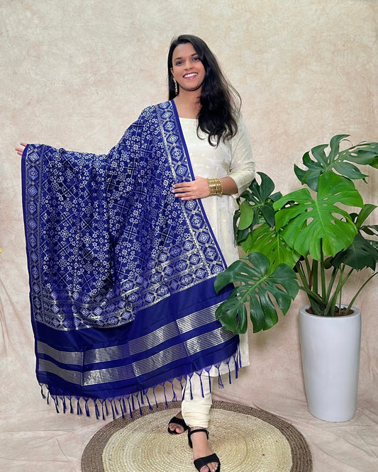 Patola Semi Silk Dupatta - Navratna Design - Dark Blue