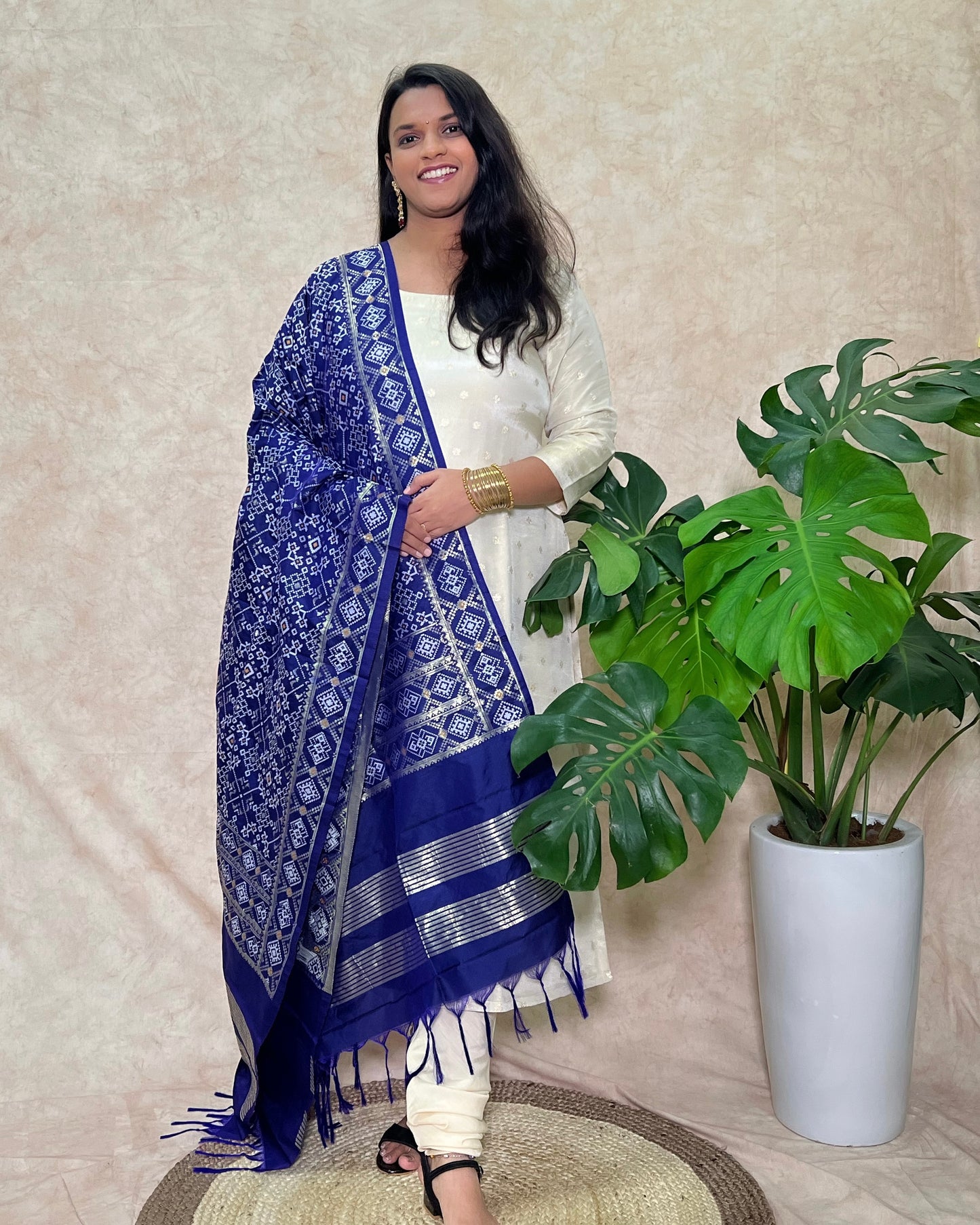 Patola Semi Silk Dupatta - Navratna Design - Dark Blue