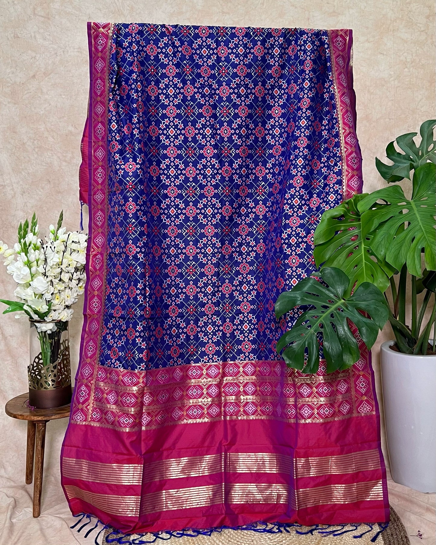 Patola Semi Silk Dupatta - Navratna Design - Blue and Magenta