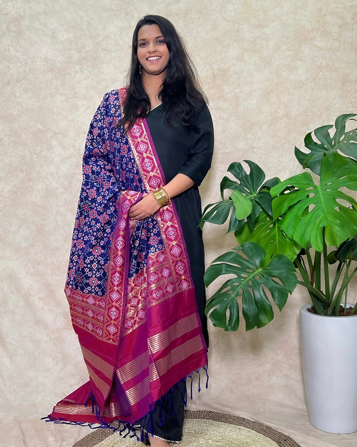 Patola Semi Silk Dupatta - Navratna Design - Blue and Magenta