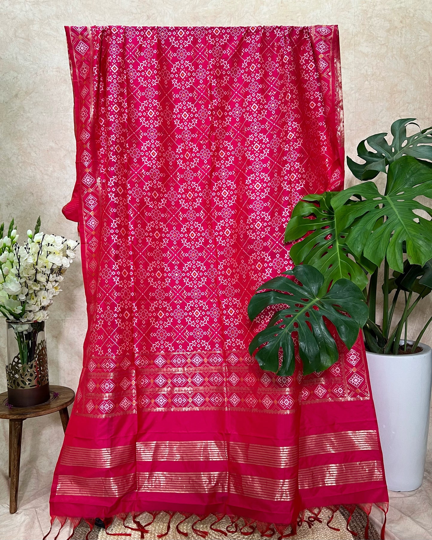 Patola Semi Silk Dupatta - Navratna Design - Pink