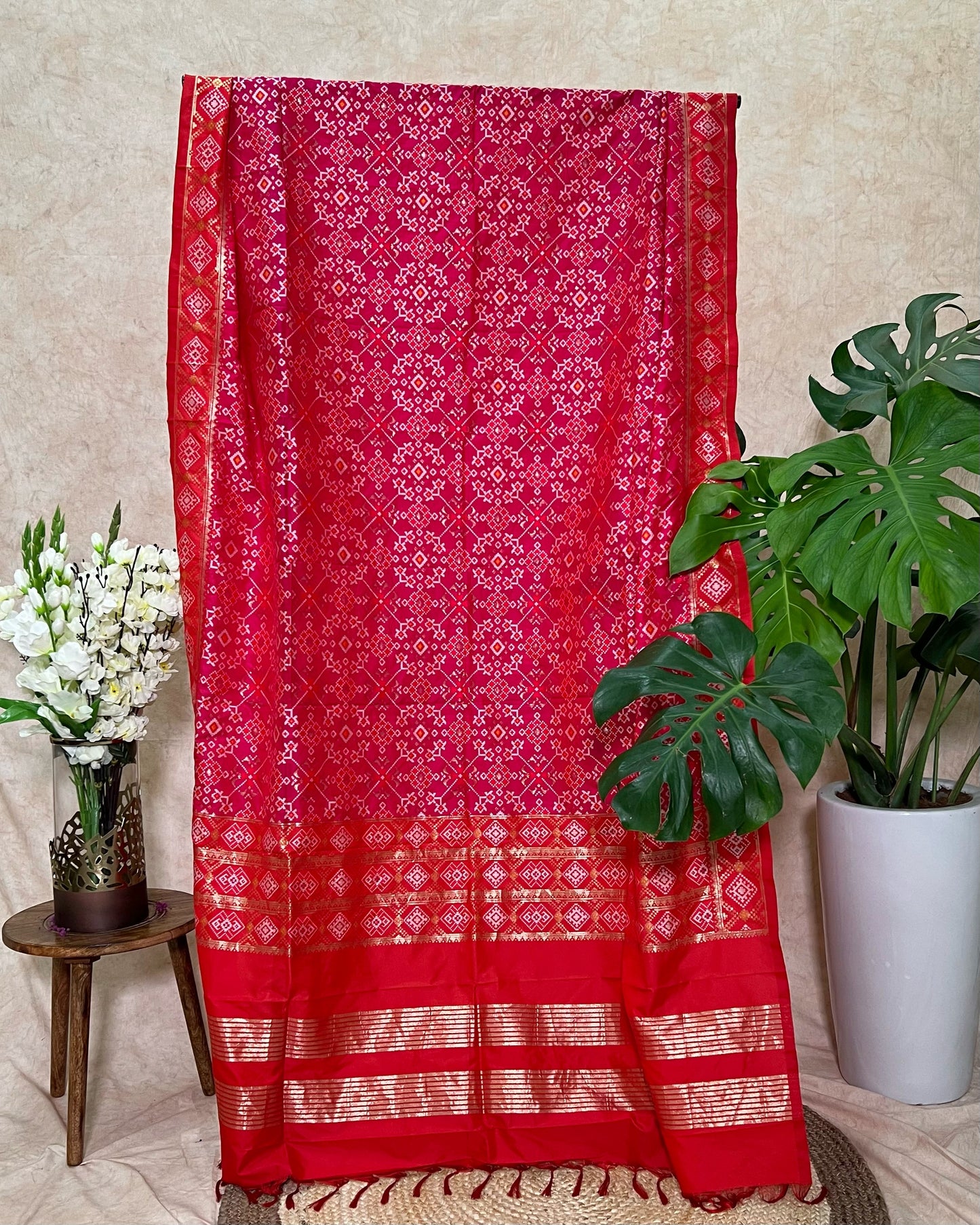 Patola Semi Silk Dupatta - Navratna Design - Pink & Red