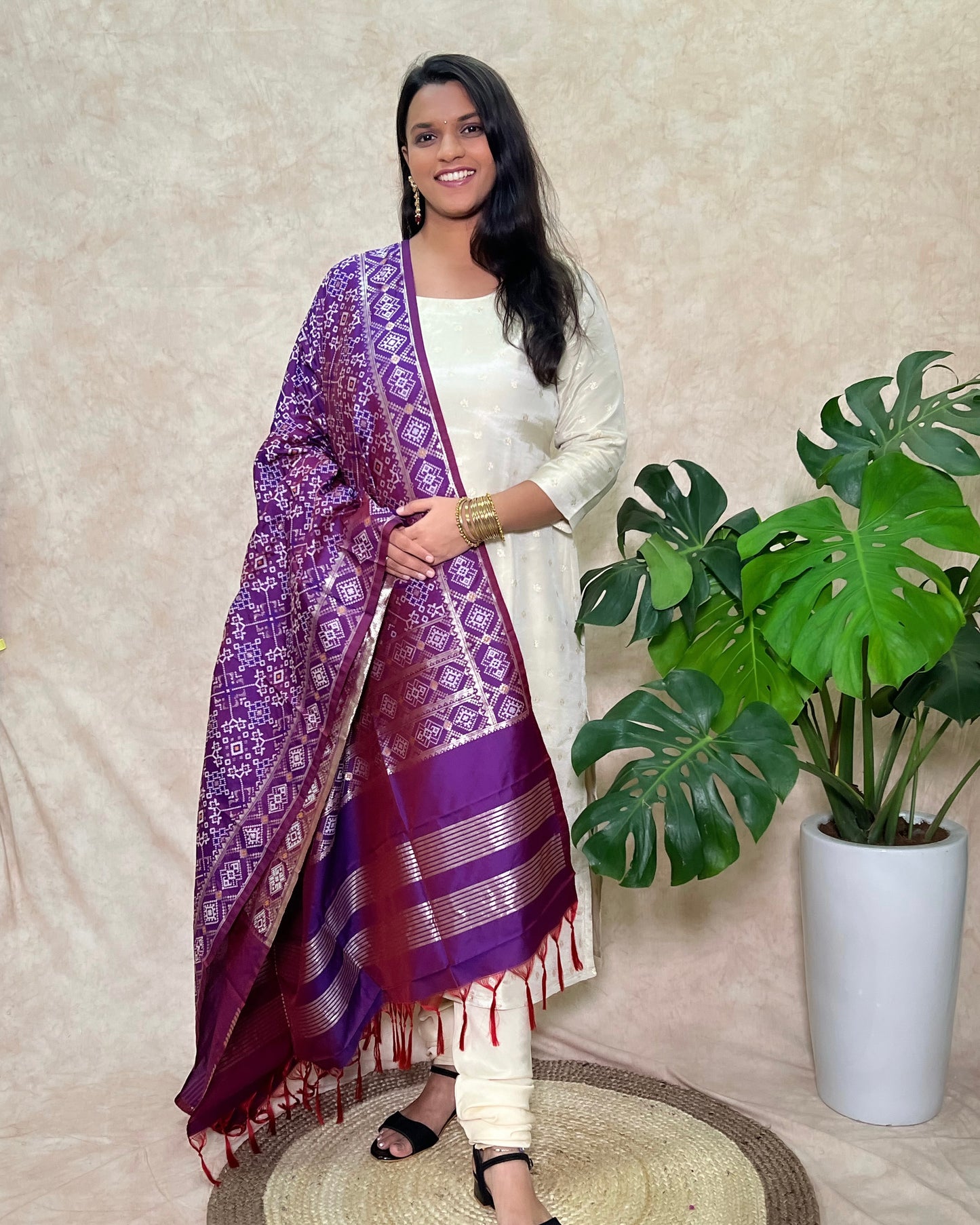 Patola Semi Silk Dupatta - Navratna Design - Purple