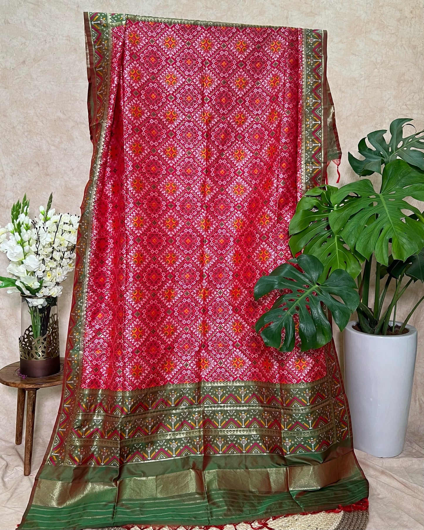 Patola Semi Silk Dupatta - Square Design - Pink & Green