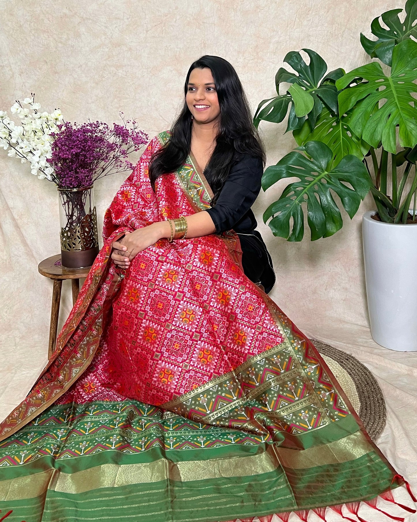 Patola Semi Silk Dupatta - Square Design - Pink & Green