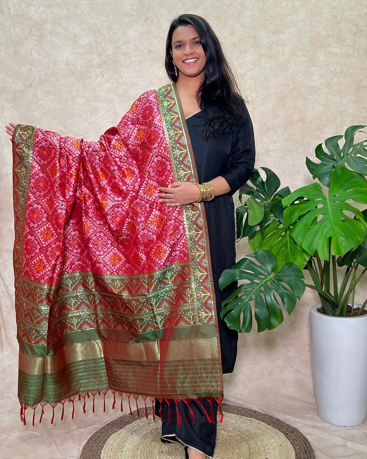 Patola Semi Silk Dupatta - Square Design - Pink & Green